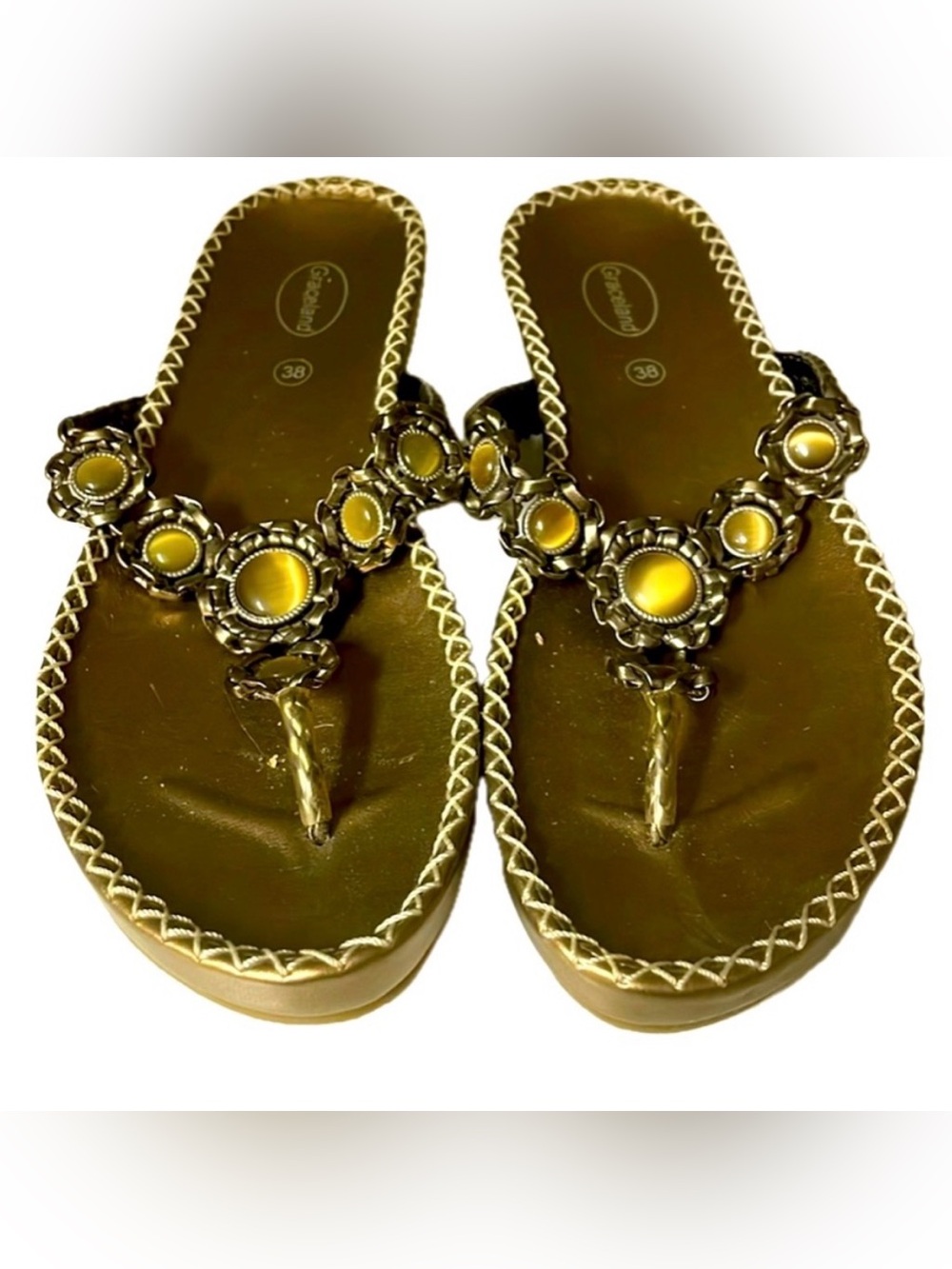 Gold Beaded Metallic Women's Thong Sandals size 7.5